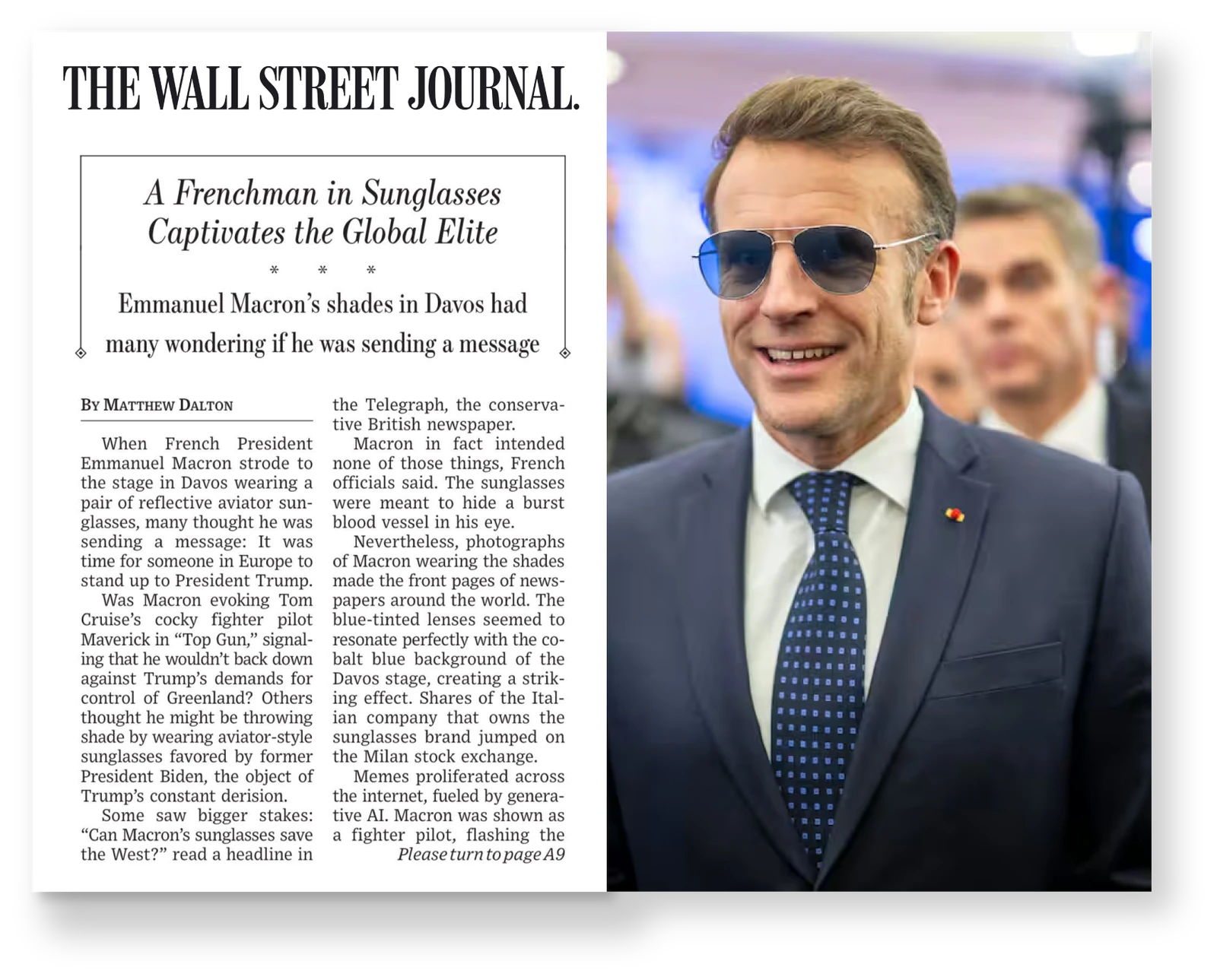 Ritaglio del Wall Street Journal con testata, articolo e fotografia: A Frenchman in Sunglasses Captivates the Global Elite